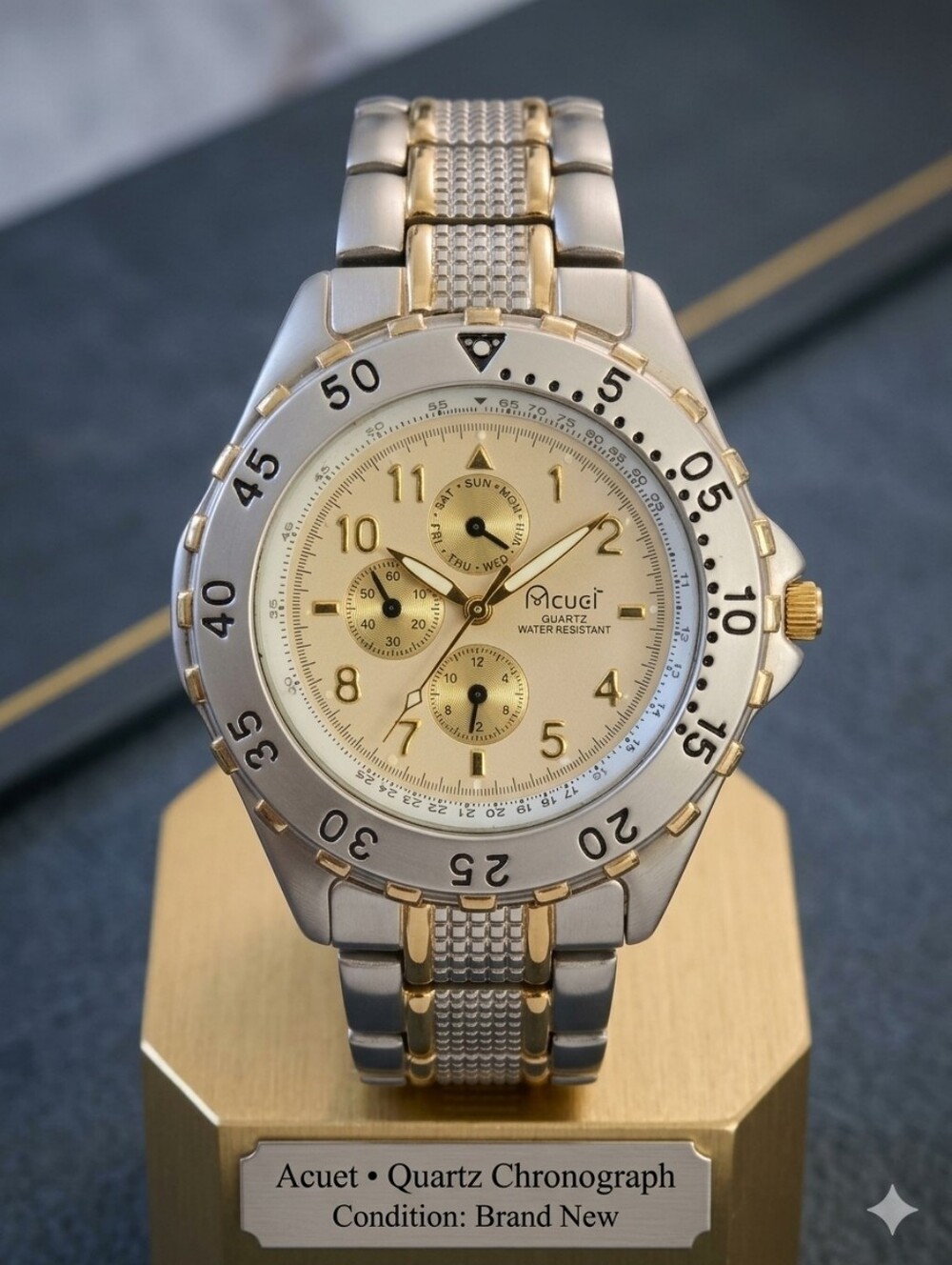 Gold-Tone Men's Quartz Chronograph Watch Rotate Bezel Working Cond.
